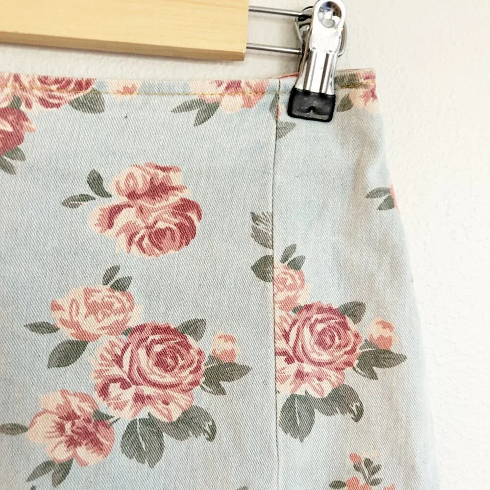 NWT Cider Skirt M Blue Denim Mini Pink Floral Roses Feminine Cottagecore